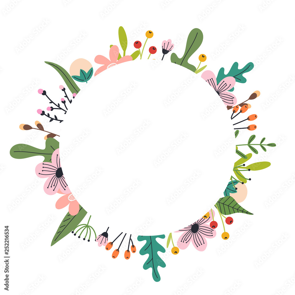 Fototapeta premium Floral hand drawn wreath. Spring abstract flowers and leaves.Spring print for posters and greeting cards.