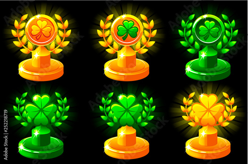 St Patrick's Trophies. Laurel wreath of victory and clove for mobile game, ui, banner, app, interface, slots, game development.