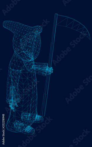 Wireframe of death in the hood and with a scythe. Polygonal death