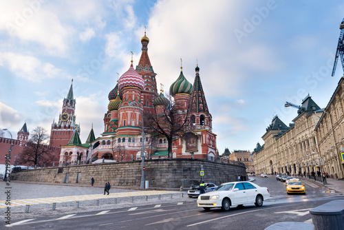 St. Basil's Cathedral in Moscow, cars on the road