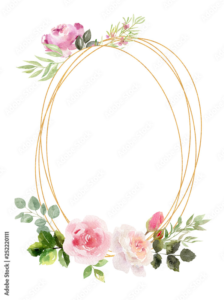 Watercolor golden geometric frame decorated with florals and roses peony
