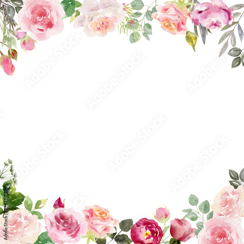 Handpainted watercolor frame template mockup with blooming flowers roses and leaves.