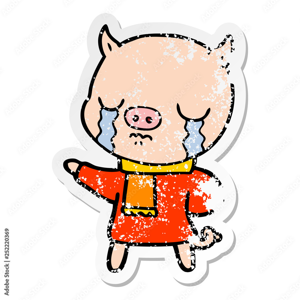 distressed sticker of a cartoon crying pig wearing scarf distressed sticker of a cartoon crying pig wearing scarf