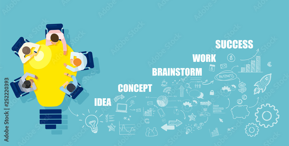 Businesspeople brainstorming successful startup idea sitting at table in a shape of bright light bulb Businesspeople brainstorming successful startup idea sitting at table in a shape of bright light bulb
