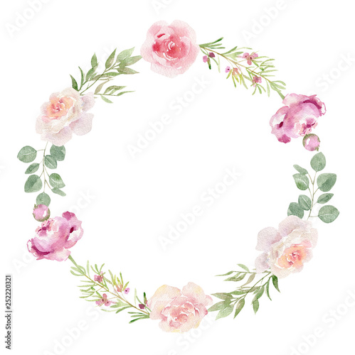 Arrangement wreath of hand painted watercolor leaves and flowers. Isolated on white background. Perfect illustration for wedding invitations  greeting cards  etc
