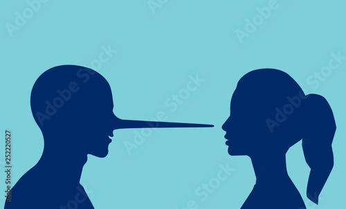 Vector of a woman looking at a lying man with a long nose.