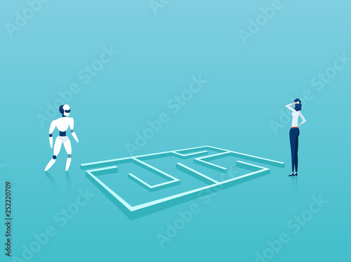 Vector of businesswoman and robot standing next to labyrinth looking for creative solutions