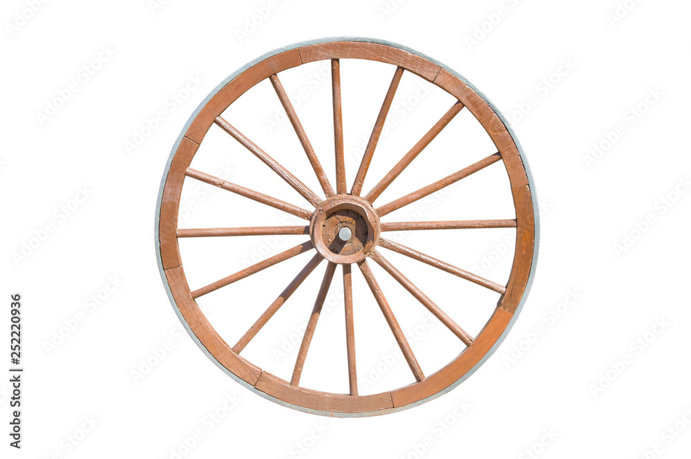 Old wooden wheel isolated on white background.