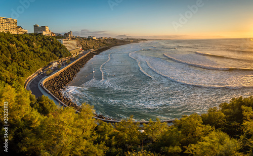Panorama of Cote des basques in Biarritz at sunset