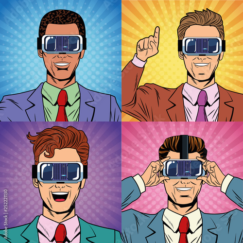 Businessmen virtual reality pop art cartoon