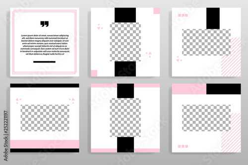 Editable square abstract geometric banner template for social media post. Black and pink frame in white background. Minimal design background vector illustration