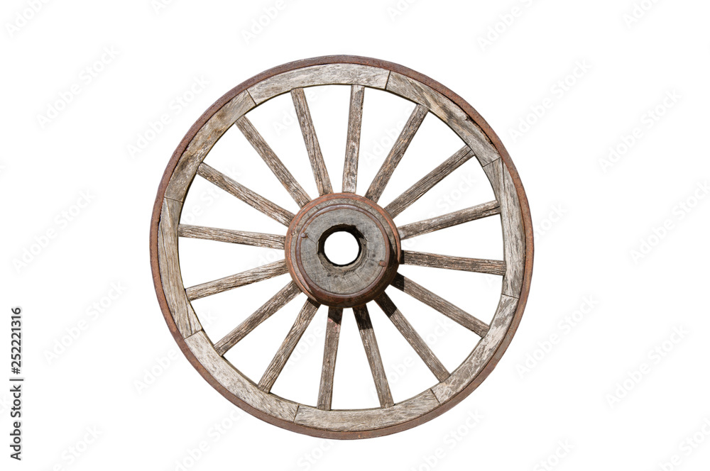 Old wooden wheel isolated on white background.