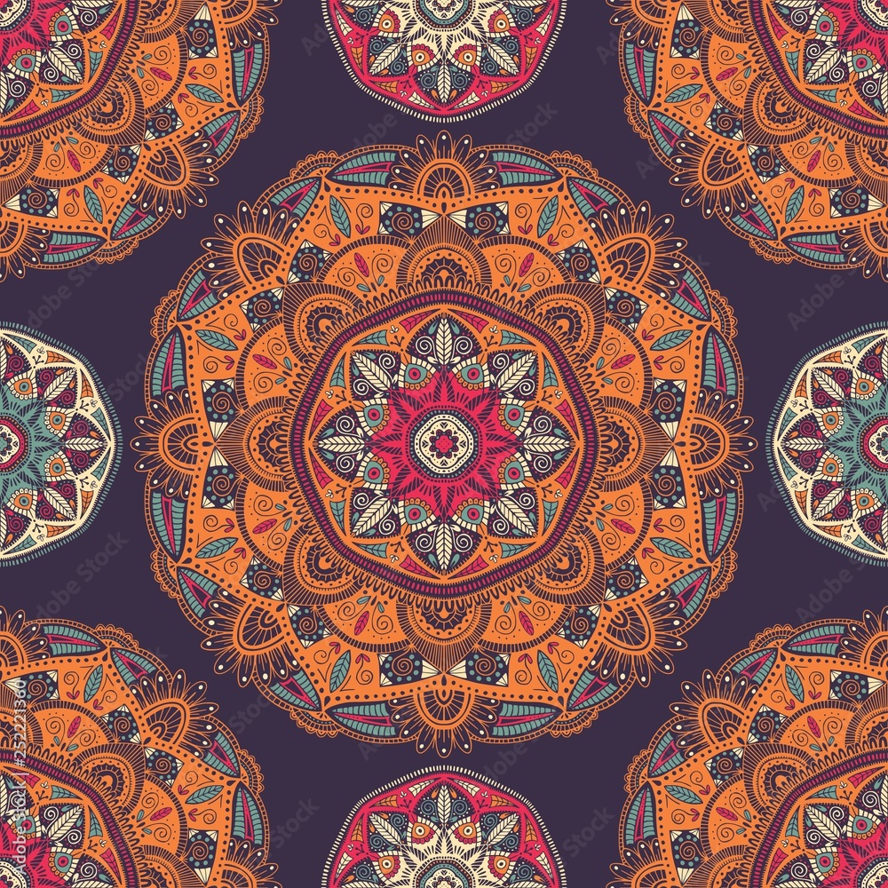 Seamless pattern with ornamental floral ethnic mandalas
