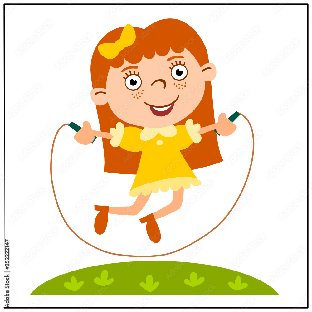 Funny girl jumping rope on a glade isolated on white background. Funny girl jumping rope on a glade isolated on white background.
