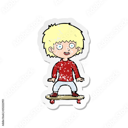 retro distressed sticker of a cartoon boy on skateboard
