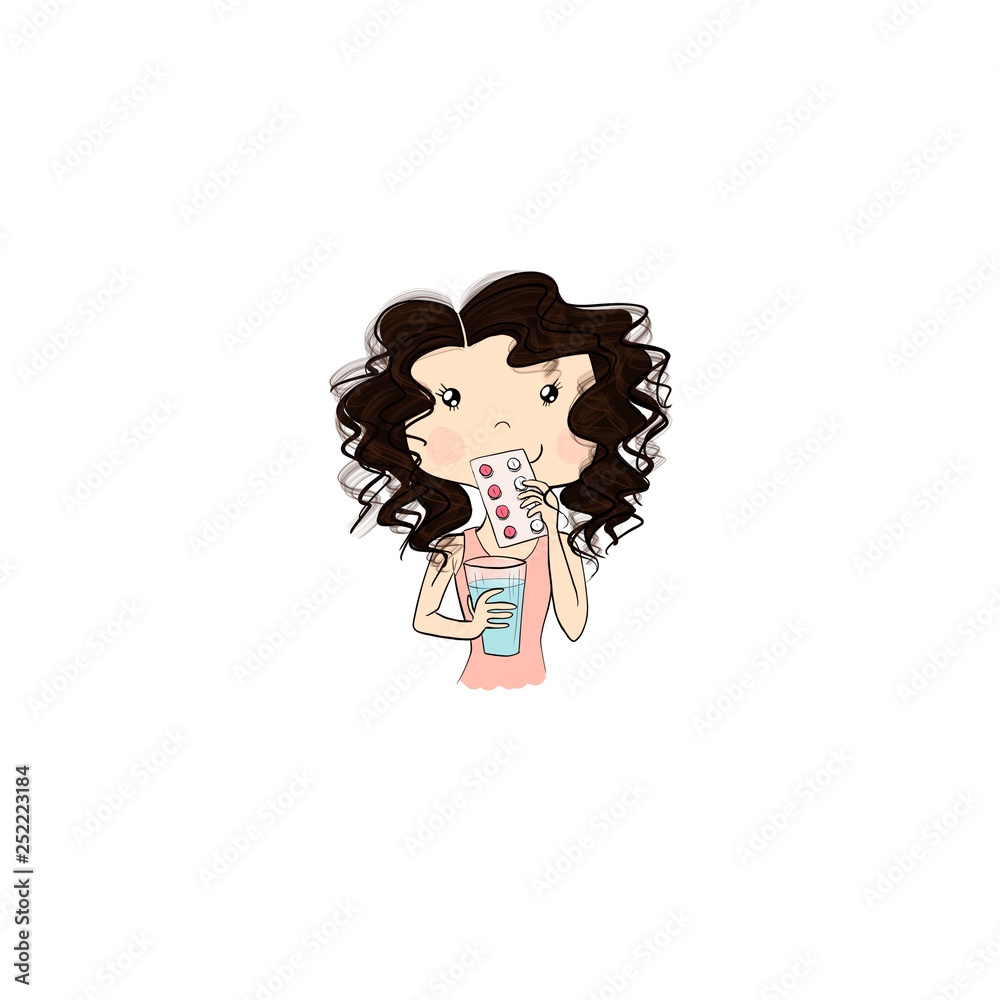 Brunette Hair Girl Takes Medicine Isolated On A White Background Hand Drawn Illustration Brunette Hair Girl Takes Medicine Isolated On A White Background Hand Drawn Illustration