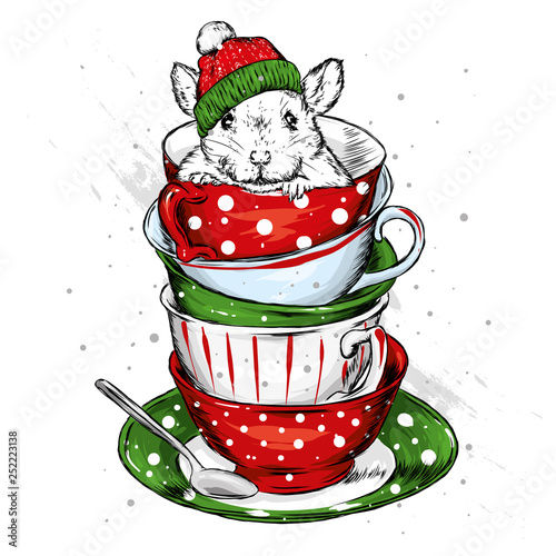 A rat in a Christmas hat is sitting in a vintage cup. Vector illustration for postcard or poster, print for clothes. Vintage and retro. Set of dishes. Mouse or hamster. 