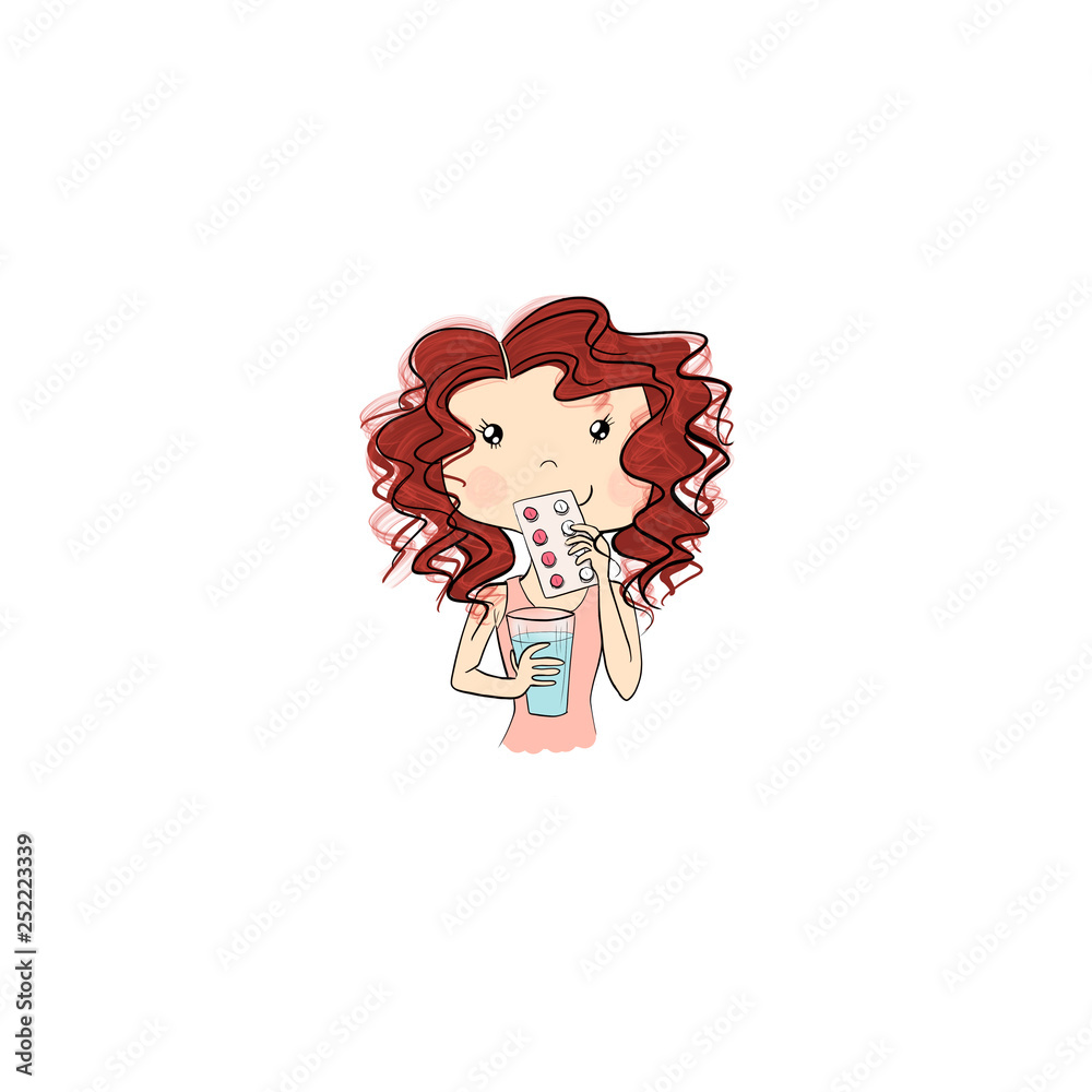 Red Hair Girl Takes Medicine Isolated On A White Background Hand Drawn Illustration Red Hair Girl Takes Medicine Isolated On A White Background Hand Drawn Illustration