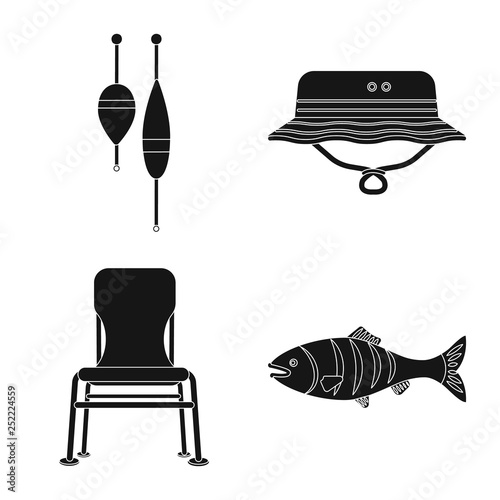 Vector illustration of fish and fishing sign. Set of fish and equipment vector icon for stock.