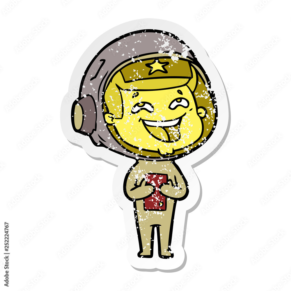 Obraz premium distressed sticker of a cartoon laughing astronaut