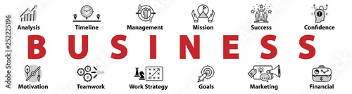 Business - banner with 12 web Icons. Header for website or social media page design. Timeline, Mission, Management, Analysis, Success, Marketing. Infographic icons collection. Vector illustration.