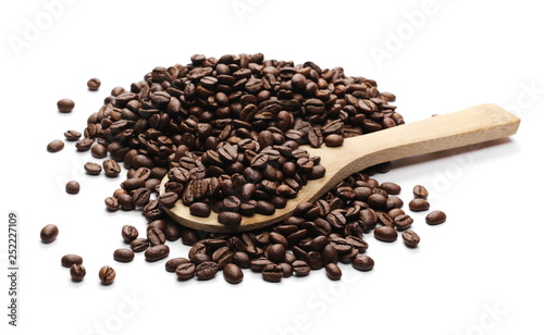 Coffee beans with wooden spoon isolated on white background