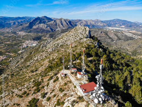 Aerial view of telecommunication antennas in Segaria mountain, Alicante, Spain photo