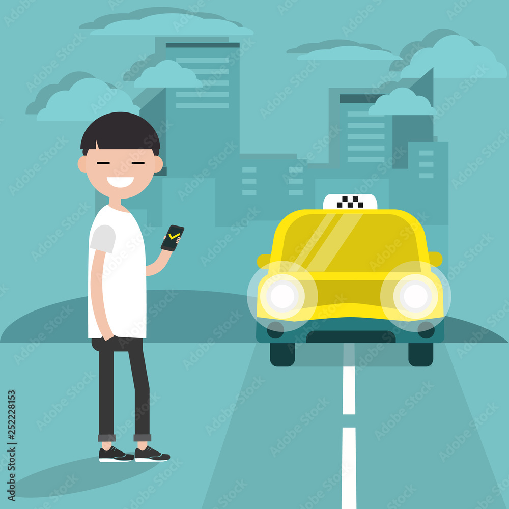 Taxi service. Mobile application.Young character waiting for a car. Flat cartoon illustration, clip art Taxi service. Mobile application.Young character waiting for a car. Flat cartoon illustration, clip art