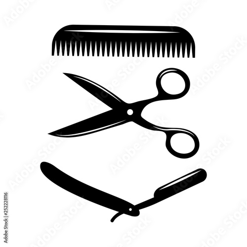 Flat, monochrome, isolated image of hairdressing tools - scissors, comb and dangerous razor. Tools for barkershops.