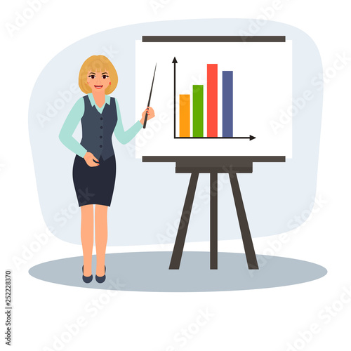 Business lady makes a report and shows a business presentation chart on the board. Woman in office clothes. Vector illustration.