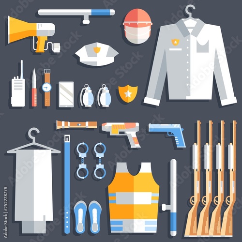 police uniform and set protection icons on isolated background. Flat style bright concept. Vector illustration for colorful template for you design, web and mobile applications