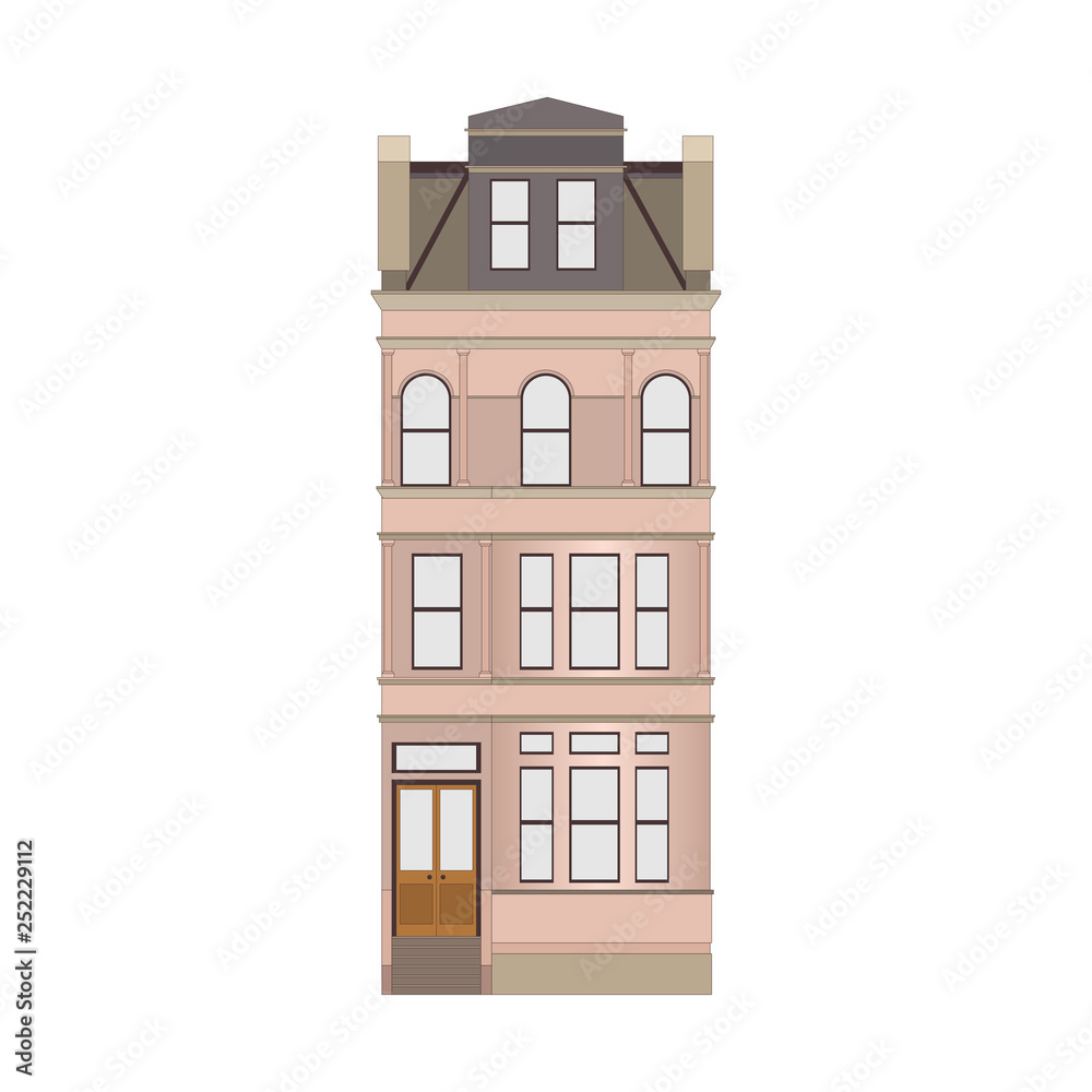 Cartoon historical pink building icon highly detailed city front facade. Vector illustration