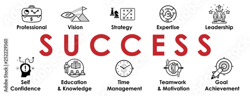 Success banner with web Icons set for website and social media business design. 10 key elements to become successful. Success concept. Infographic icons collection. Vector  illustration.