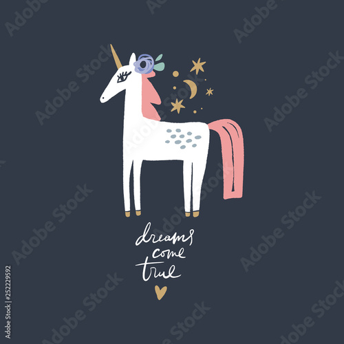 Vector cute animals art. Little pony  night unicorn in simple cartoon scandinavian style. Good for nursery clothes