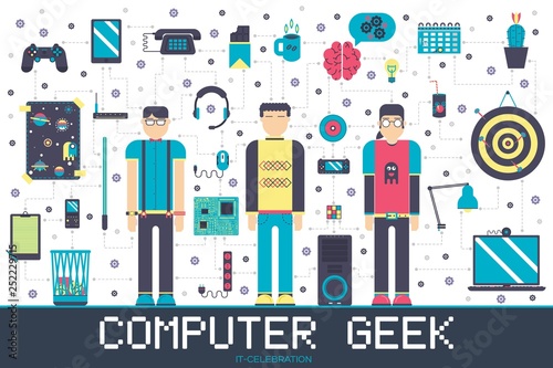 Vector it geeks people icons illustrations set. Flat office professional developer around workplace echnology concept.