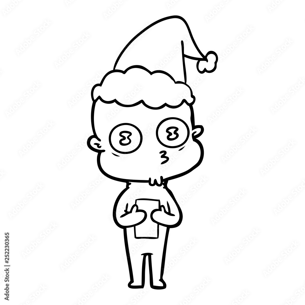 line drawing of a weird bald spaceman wearing santa hat
