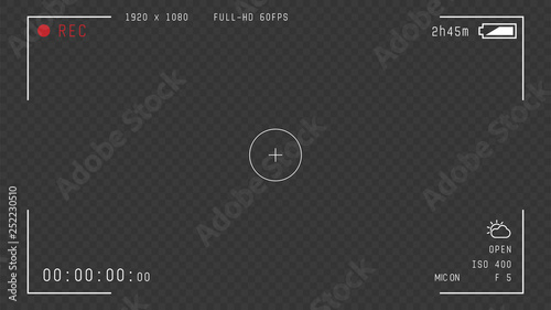 Video camera viewfinder overlay. 16:9 full hd format of frame with 60 fps template. Camera frame vector template. White lines and text, rec icon with information on transparent dark background.