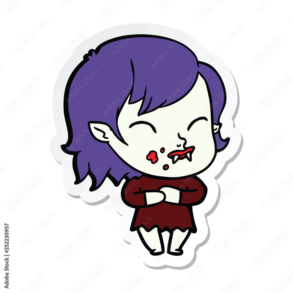 sticker of a cartoon vampire girl with blood on cheek sticker of a cartoon vampire girl with blood on cheek