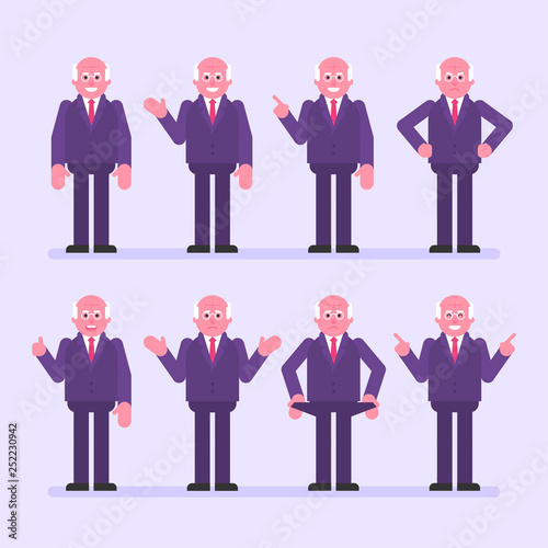Old businessman points and shows. Character set