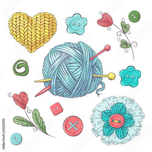 Set for handmade ball of yarn and accessories for crocheting and knitting.