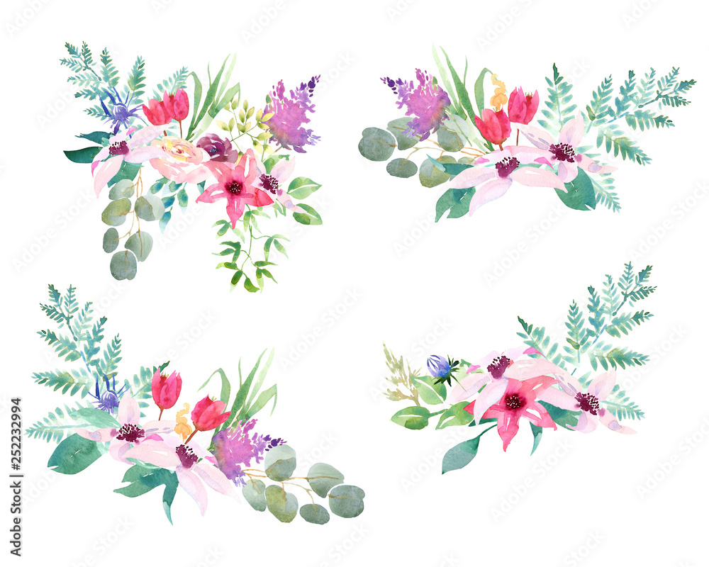 Obraz premium Collection spring Wedding romanric watercolor bouquet. Hand drawing watercolor blue pink and purple flowers ornament