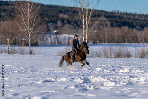 Young Swedish woman riding her Icelandic horse in a snow covered field