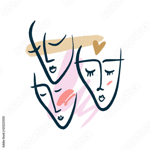 Simple hand drawn black and white trendy line portrait faces art. Color print for clothes, textile and other