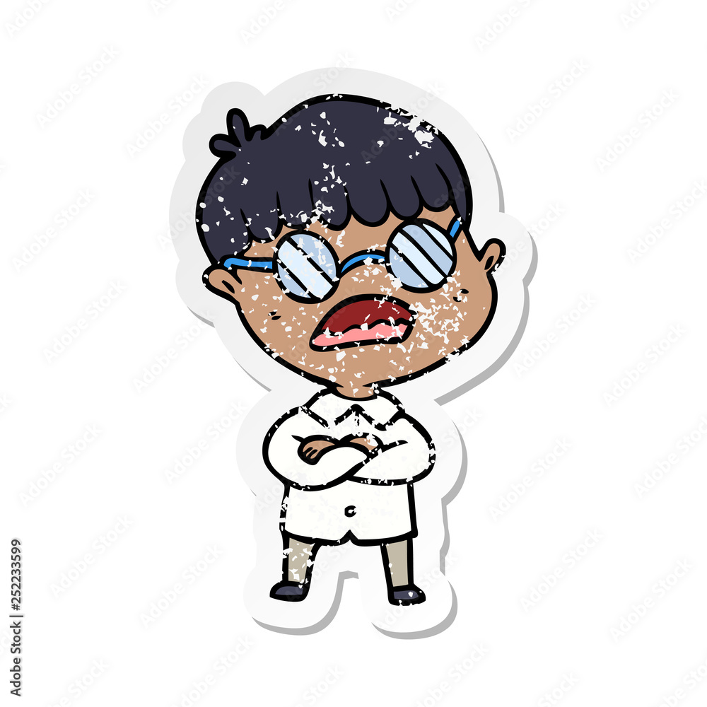 distressed sticker of a cartoon boy with crossed arms wearing spectacles