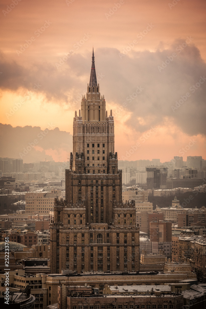 Fototapeta premium Moscow, Russia - January 9, 2019: Ministry of Foreign Affairs of Russia main building in Moscow, one of seven Stalinist style skyscrapers