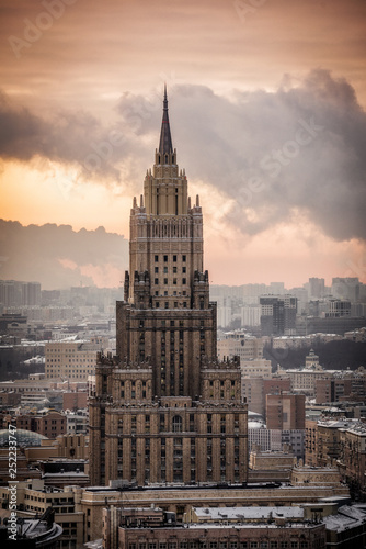 Moscow, Russia - January 9, 2019: Ministry of Foreign Affairs of Russia main building in Moscow, one of seven Stalinist style skyscrapers