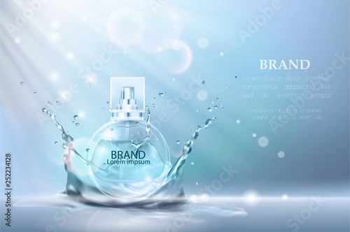 Vector illustration of a realistic style perfume in a glass bottle. Great advertising poster for promoting a new fragrance.