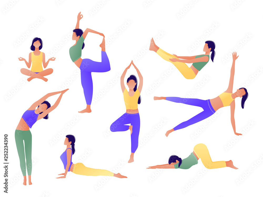 Yoga workout girl set. Women doing yoga exercises. Can be used for poster, banner, flyer, card, website. Warming up, stretching. Vector illustration. Green, yellow, violet.