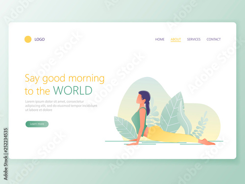 Landing Web page template of Yoga School, Studio. Modern flat design concept of web page design for website and mobile website. Woman does yoga exercise, yoga pose. Vector illustration