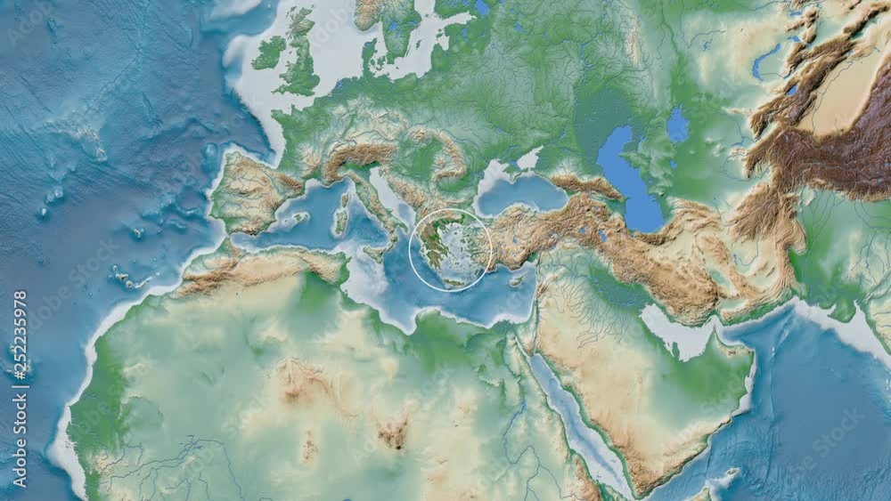 Greece area presented against the global physical map in the Kavrayskiy VII projection with animated oblique transformation Greece area presented against the global physical map in the Kavrayskiy VII projection with animated oblique transformation